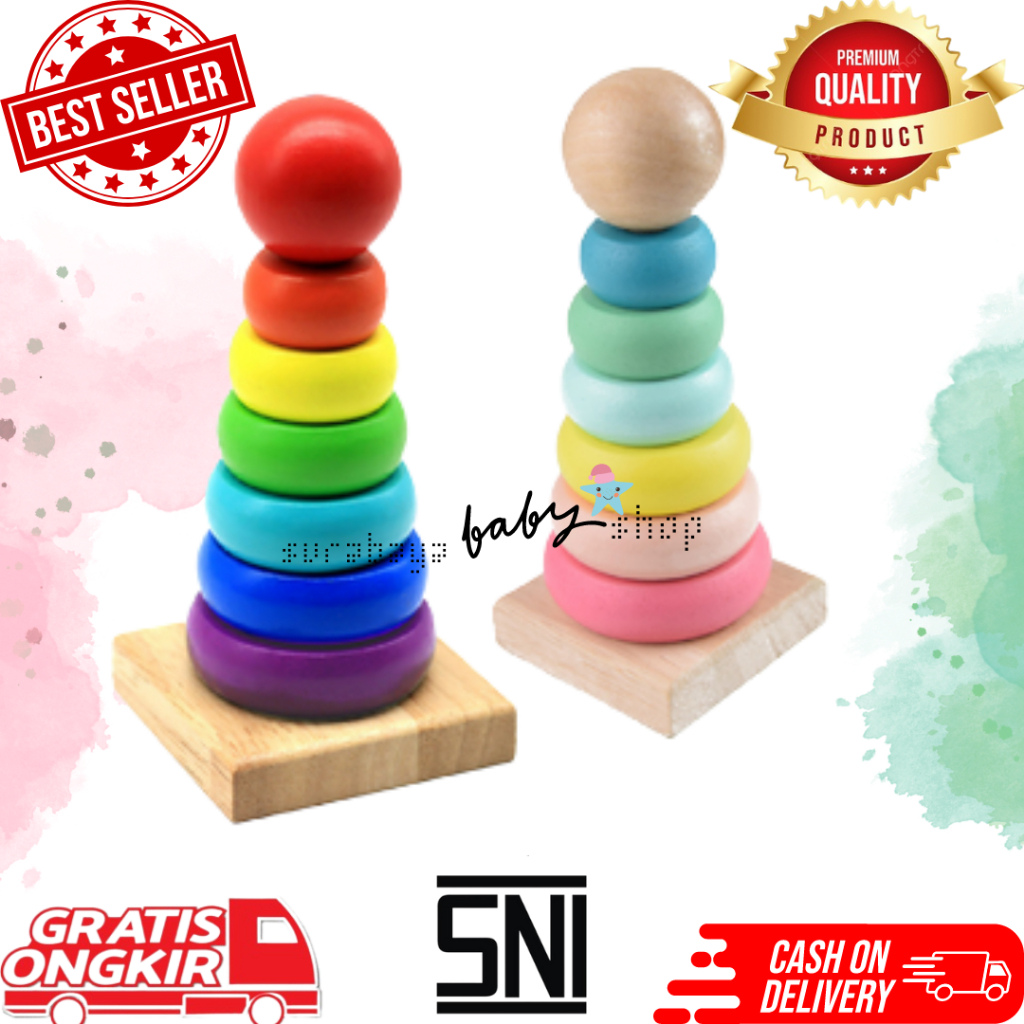 Rainbow Tower Mainan Edukasi Anak / Wooden Rainbow / Menara Donat Kayu / Menara Pelangi / Mainan Donat Susun / Menara Ring Donat-538203