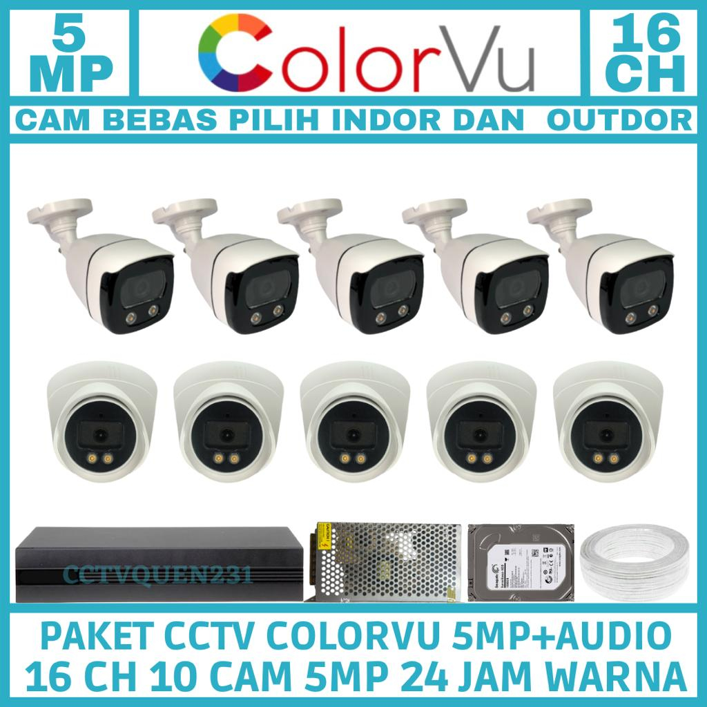 PAKET CCTV COLORVU 5MP 16 CHANNEL 10 KAMERA FULL COLOR TURBO HD IR SONY 1080P