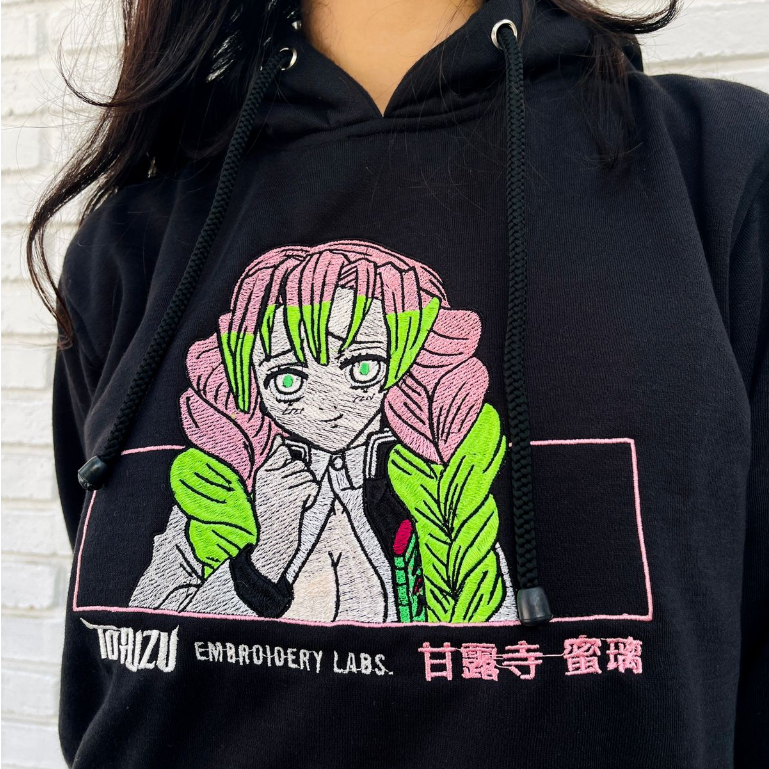 Torizu Hoodie Mitsuri Kanroji Embroidery Black Anime Manga Demon Slayer Premium Unisex