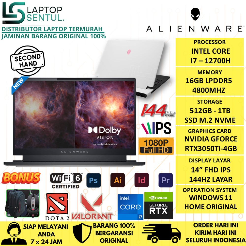 LAPTOP GAMING SLIM ALIENWARE X14 R2 INTEL CORE I7 12700H RAM 16GB DDR5 SSD 1TB RTX3050TI FHD IPS WINDOWS 11 HOME ORIGINAL