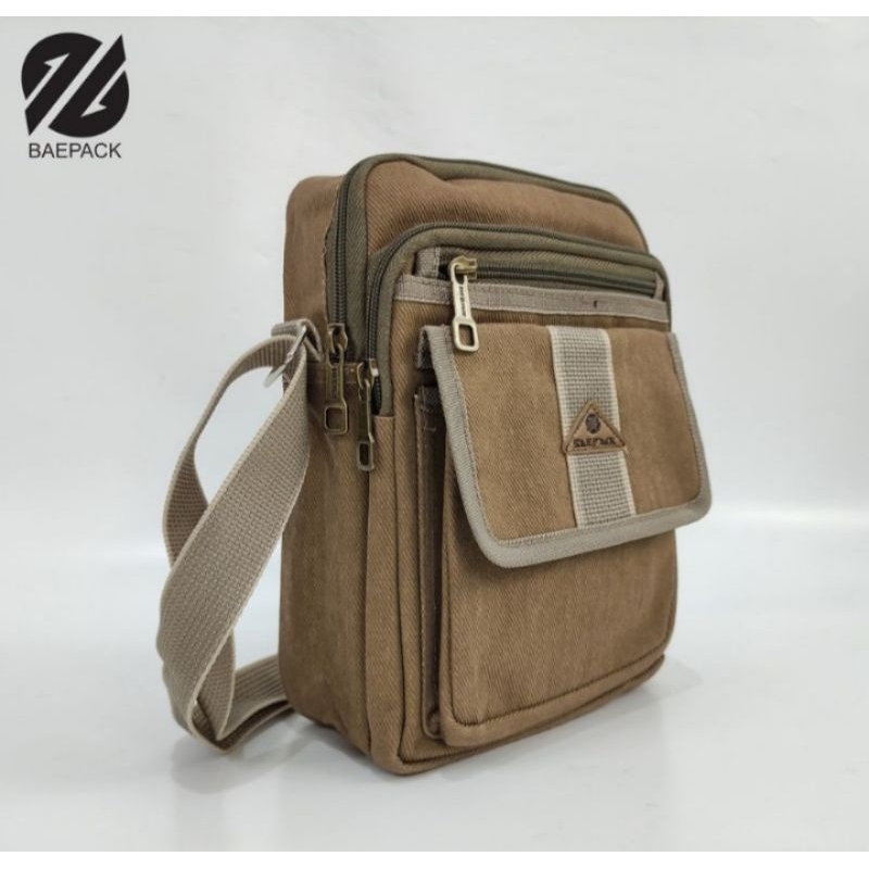Tas selempang pria terbaru merk Baepack/tas polos resleting kain kanvas/tas usaha ukuran standar