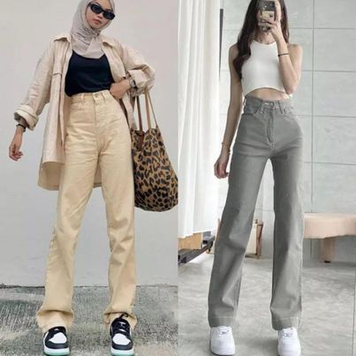 Celana Kulot Jeans Wanita Highwaist Loose jins Warna Cream Light Grey Dan Brown