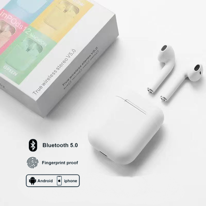 HEADSET BLUETOOTH INPODS WIRELESS i12 MACARON EARPHONE TWS BLUETOOTH 5.0 WARNA MACARON-Putih