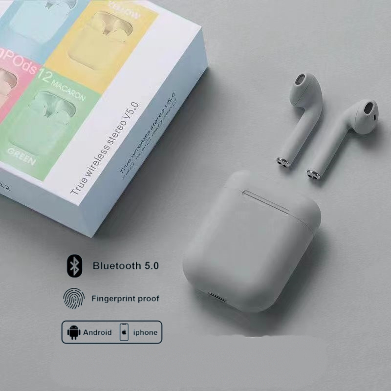 HEADSET BLUETOOTH INPODS WIRELESS i12 MACARON EARPHONE TWS BLUETOOTH 5.0 WARNA MACARON-Abu Abu