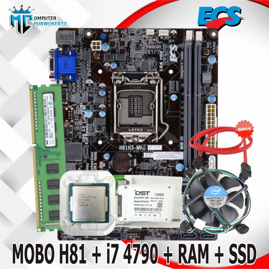 Mainboard H81 Socket 1150 ECS + Core i7 4790 + RAM + SSD + FAN