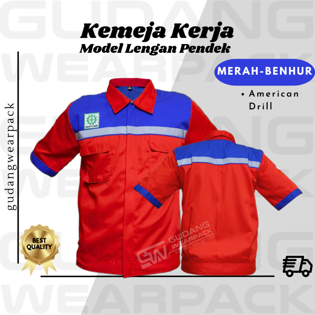 Gudang Wearpack - Kemeja Kerja Seragam Proyek Lengan Pendek Warna Merah Benhur