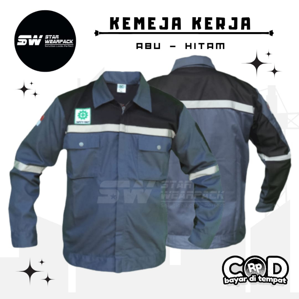 Star Wearpack  - Baju Kerja Proyek Model Resleting Warna Abu Kombinasi Hitam