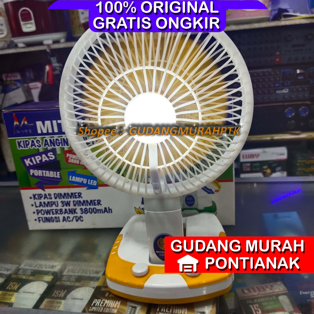 Kipas Angin Meja dan Dinding Lampu Portable Besar USB 8 Inch Mitsuyama MS-5539 Kipas Charge Desk fan + Emergency Lamp