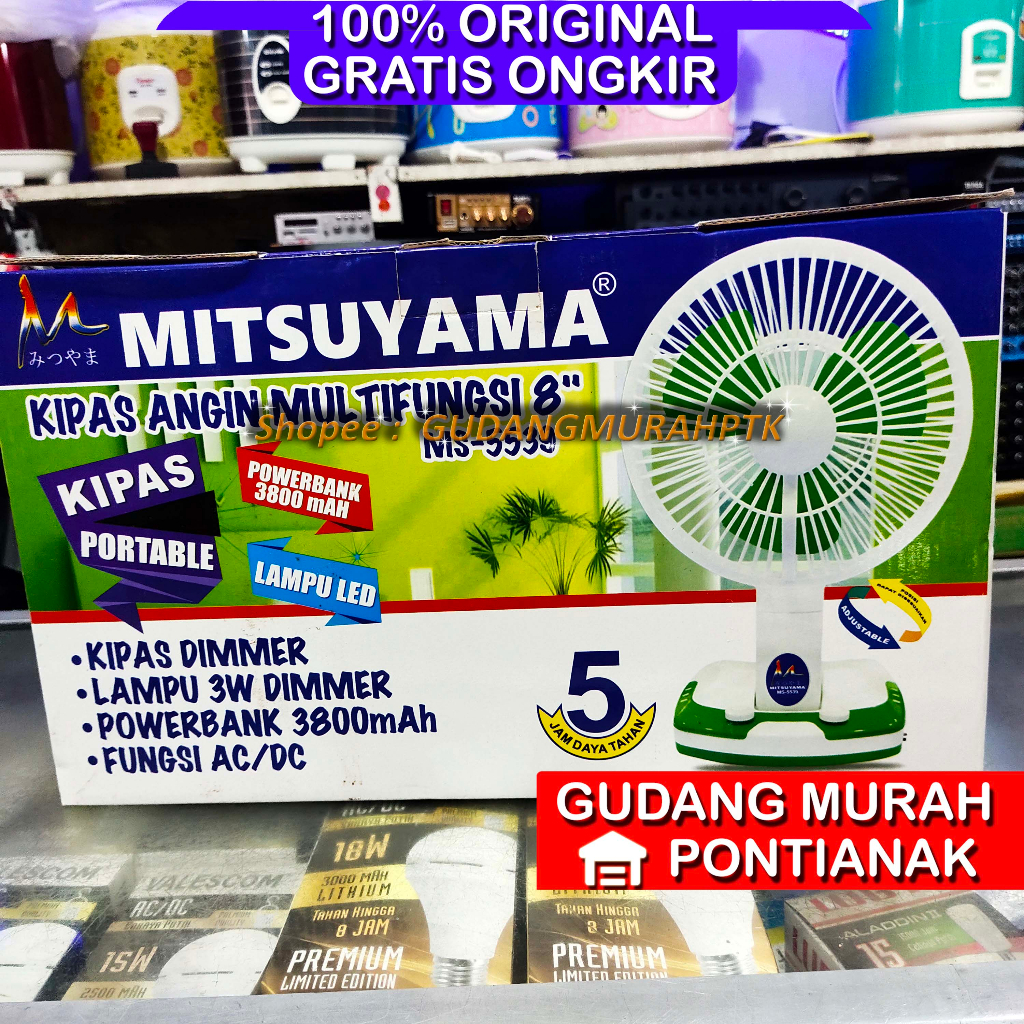 Kipas Angin Meja dan Dinding Lampu Portable Besar USB 8 Inch Mitsuyama MS-5539 Kipas Charge Desk fan + Emergency Lamp