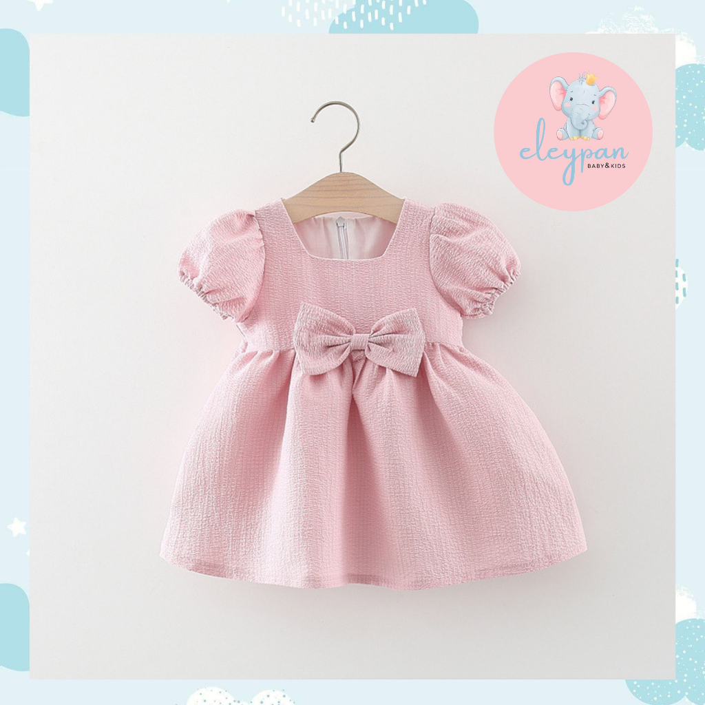 Dress Pink Anak Import Gaun Mini Lengan Balon Lapis Furing