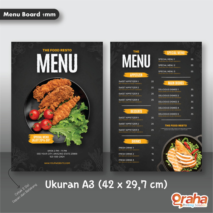 

Cetak Daftar Menu Board / Papan Menu / Menu Resto A3 (Paket Hemat)