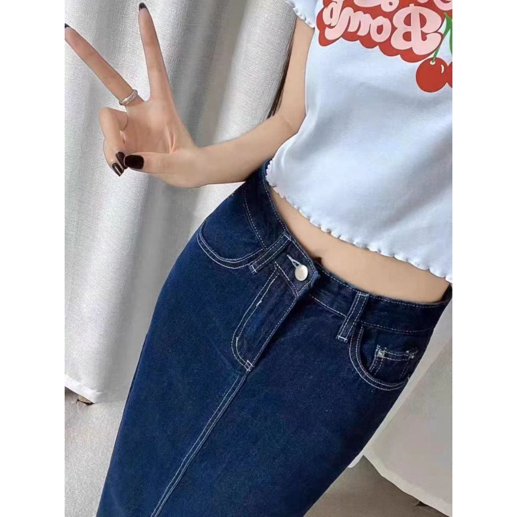 Rok Denim Split Gaya Korea Rok A-Line Wanita Berpinggang Tinggi Sedang Untuk Menutupi Rok Pinggul Selangkangan