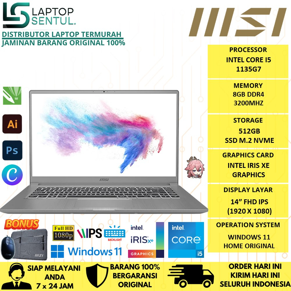 MSI Modern 14 C11M 004ID Intel i5 1155G7 RAM 8GB 512GB SSD FHD IPS BACKLIGHT WIN11HOME ORIGINAL TERLARIS