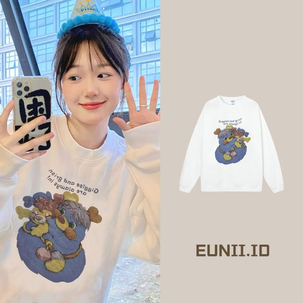 EUNII Sweater Lengan Panjang Cartoon Funny Bear Printing Korean Style/Sweater Crop/Baju Wanita/Switer Wanita/Switer