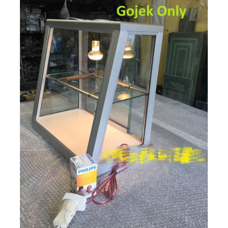 etalase kaca ayam, kentang, warung makanan.model 1 lampu
