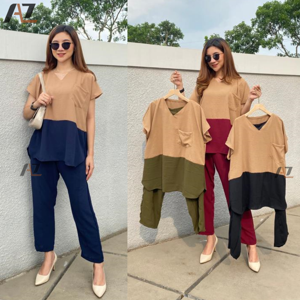 Anita One Set Wanita Dua Warna Crinkle Polos / Baju Celana Setelan Wanita Kekinian Two Tone Jumbo Le