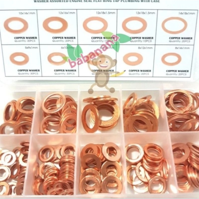 200pcs brass cooper seal ring cincin rata flat washer set kit box gasket