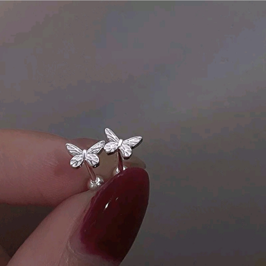 1 Pcs Korea Perak One-head Round Ball Butterfly Stud Earrings Untuk Wanita Perempuan Chic Tindik Tulang Rawan Sekrup/Anting stud kupu-kupu/ Earrings helix buterfly