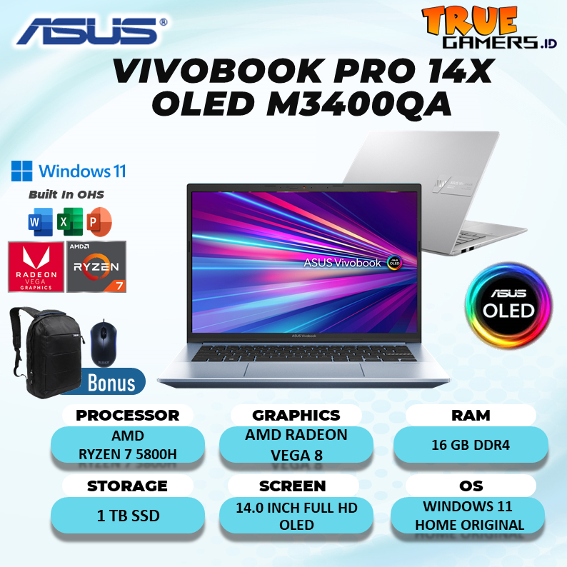 LAPTOP ASUS VIVOBOOK PRO 14X OLED M3400QA RYZEN 5 5600H 16GB 512SSD VEGA WIN11+OHS 14.0 2.8K