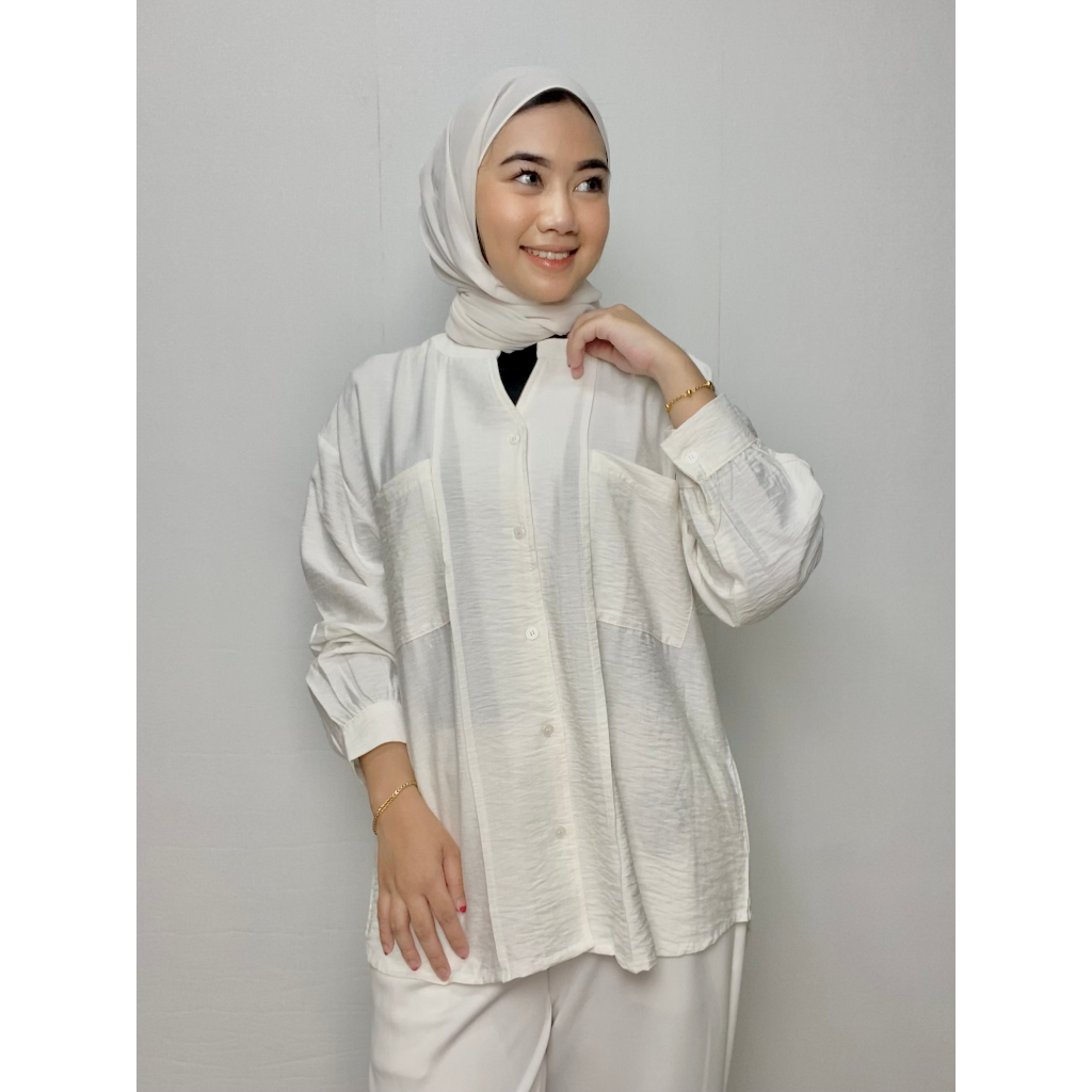blouse v neck button | kemeja v neck uniqlo | kemeja Polos Wanita | atasan v neck wanita uniqlo