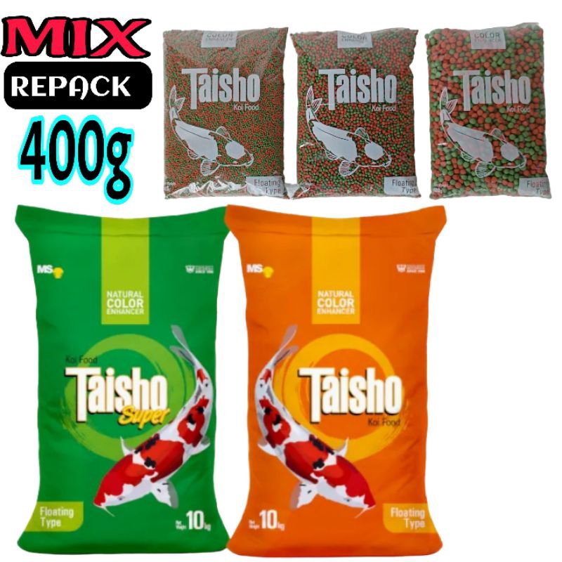 TAISHO  S / M / L  pakan ikan hias koi mix warna hijau dan merah repack 400g