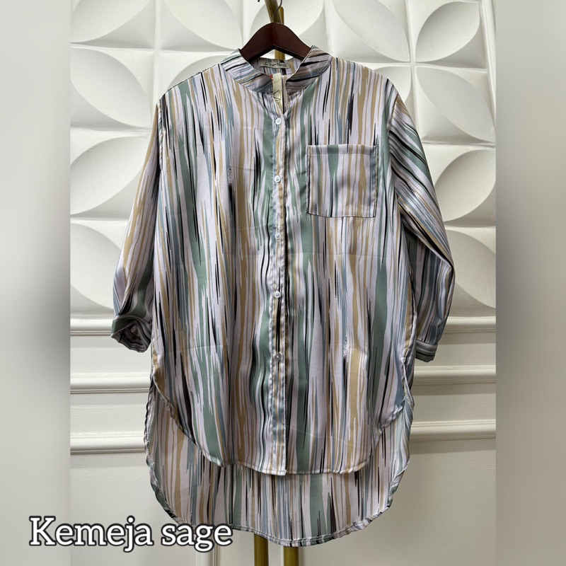 Coza Setelan Wanita Amora Set Kemeja Motif Salur Garis Lurik Abstrak Bahan Syakila Premium Size Standar Dan Jumbo XXXl 100kg Lengan panjang Setrip