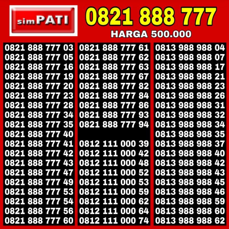 Nomor Cantik Kartu perdana Simpati 4G Telkomsel 0812/0813/0821