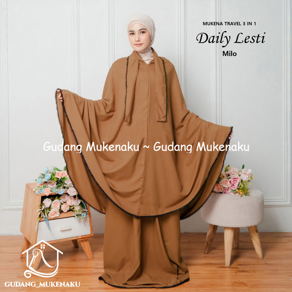 MUKENA DEWASA DAILY LESTI TRAVEL 3IN1 BAHAN KATUN RENDA RAJUT FREE TAS PREMIUM