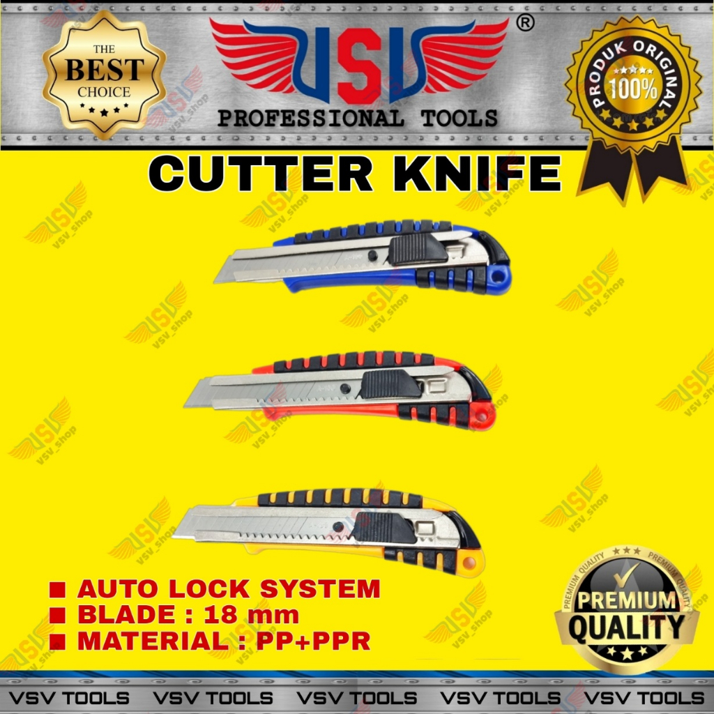 Cutter Besar Pisau Cutter 18mm Bahan PP Cutter Knife Auto-Lock VSV HS-07