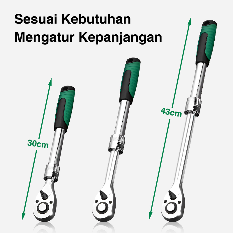 ISKU Gagang Rachet Wrench 1/2 72gigi Panjang 30-43cm Adjustable Kunci Sok Ratchet CR-V Diperpanjang Dapat Diatur