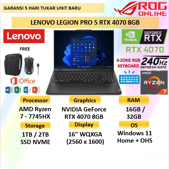 Lenovo Legion PRO 5 RTX 4070 8GB Ryzen 7 7745HX RAM 32GB 2TB SSD 16"WQXGA 240Hz- LAPTOP GAMING