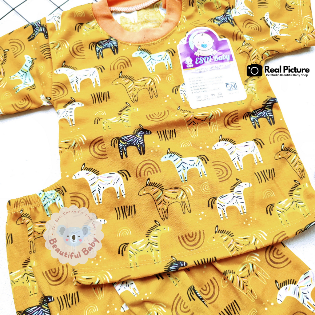 PREMIUM Setelan Piyama Baju Bayi Motif Printing Kuda Usia 3 s/d 18 Bulan Lengan Pendek Celana Panjang Kaos Oblong Kancing Pundak Bayi dan Anak - Baby.ou