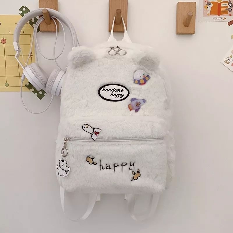 Tas Ransel Wanita Bulu Beruang Happy Bear Tas Perempuan Korean Lucu