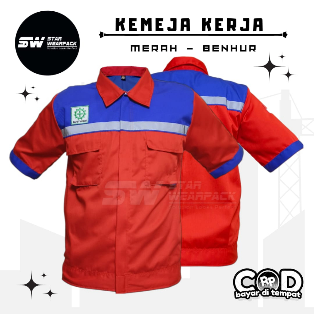 Star Wearpack - Baju Kerja Proyek Seragam Kerja Lapngan Warna Merah Kombinasi Benhur Lengan Pendek