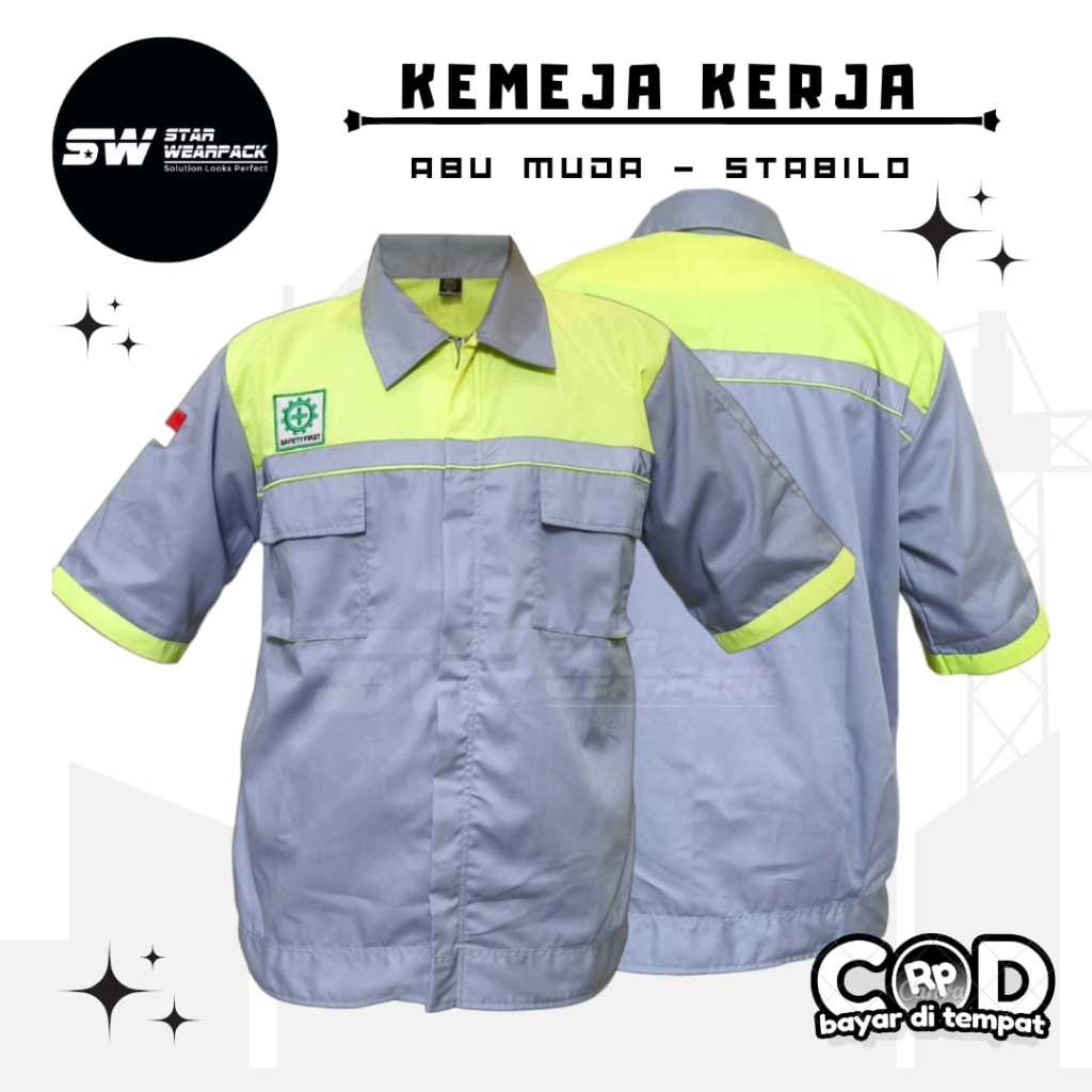 Star Wearpack - Baju Kerja Proyek Lengan Pendek Warna Abu Muda Kombinasi Stabilo