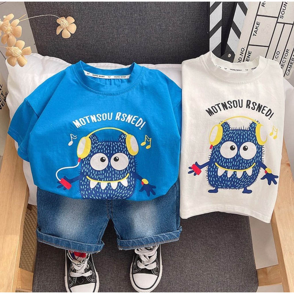 SETELAN BAJU KAOS DAN CELANA JEANS PENDEK ANAK IMPORT USIA 1-5 TAHUN MOTIF MONSTER EARPHONE DENIM TERBARU DAN TERLARIS/OUTFID, PAKAIAN ,FASHION BAYI KEKINIAN