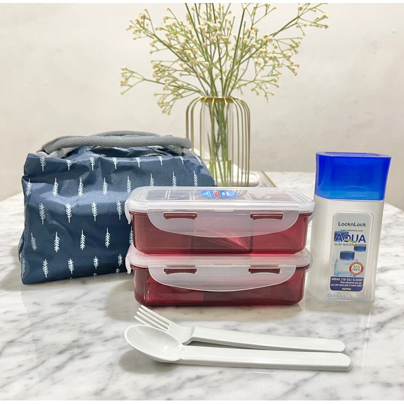 Lock n Lock Lunch Bag Set 2 Biru with Bottle