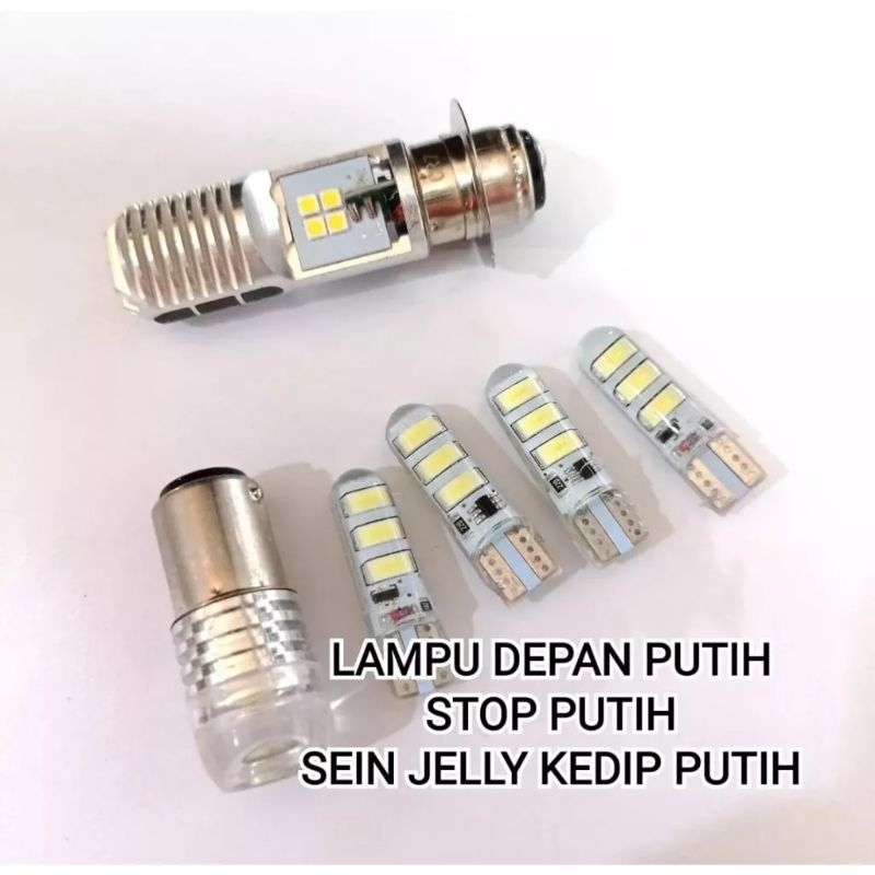 Paket hemat lampu led depan motor nyala putih+lampu stop model senter+sen jelly 4 pcs kedip/flas