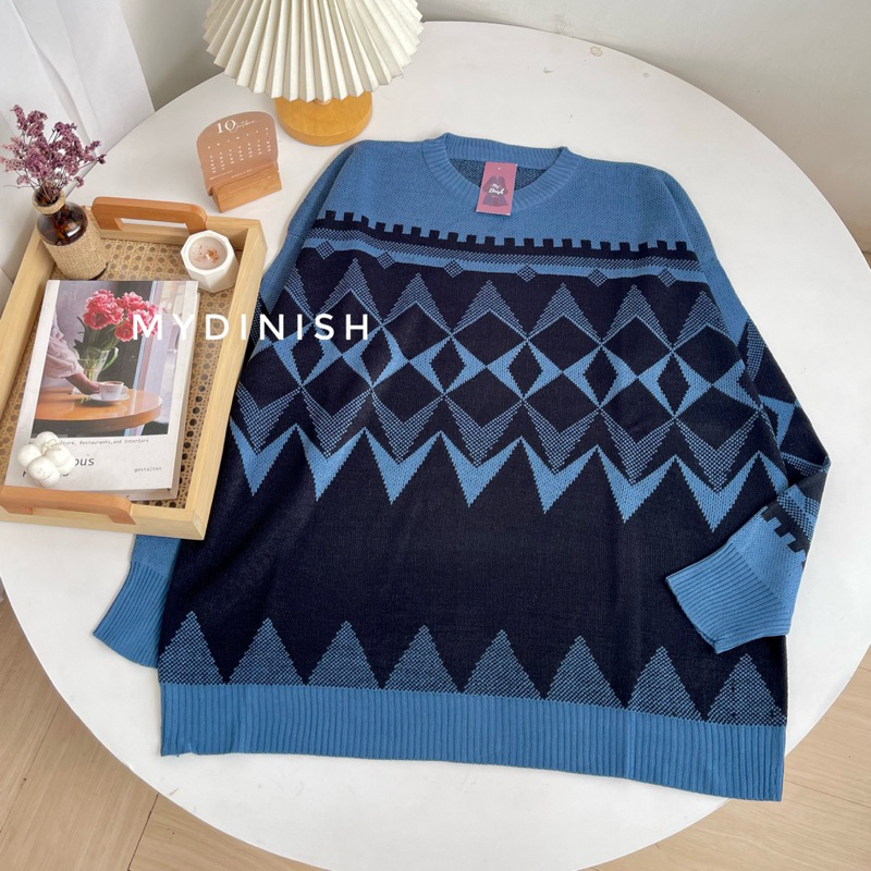 Rury Oversize Sweater Rajut Wanita Motif Zigzag