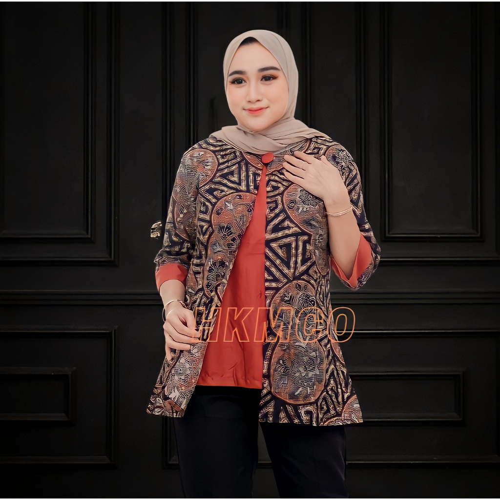 Batik Blouse Wanita Modern Vintage Kerja Kantoran Kombinasi Polos Lengan 3/4 Katun Halus HKMCO