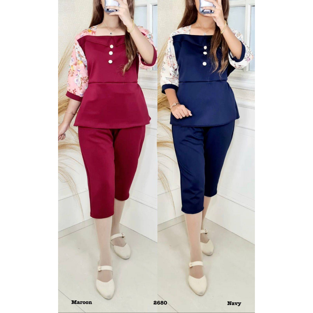Setelan 2680 Okky baju dan celana wanita motif bunga-bunga dan kancing bahan scuba import dan rayon