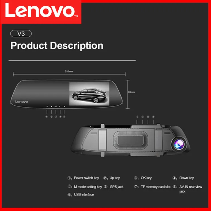 Lenovo V3 Plus + Dash Cam 1080p Full HD Car DVR Mobil Kamera Spion