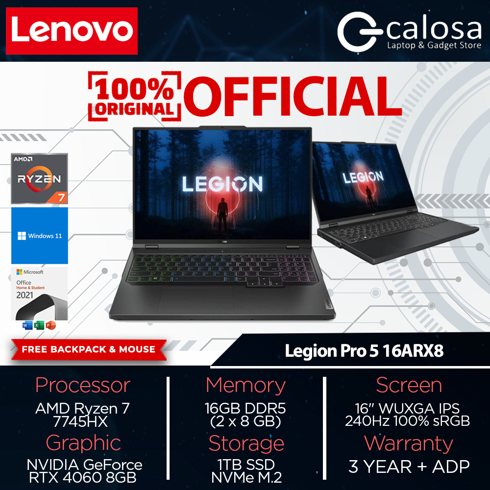 Laptop Lenovo Legion Pro 5 16ARX8 AMD Ryzen 7 7745HX Memory Ram 16GB 1TB SSD  NVIDIA GeForce  RTX 4060 8GB 16" Windows 11 Home Office Home Students 2021 Garansi Resmi
