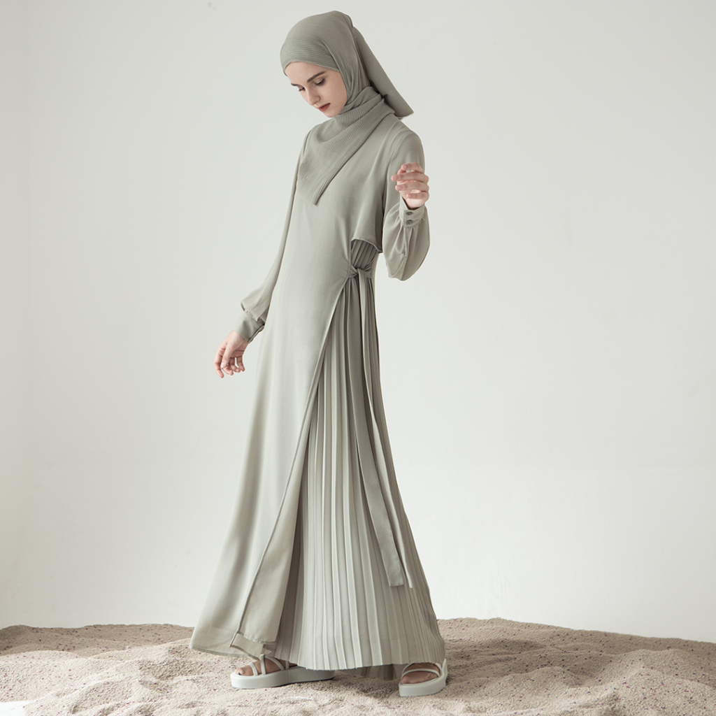 Arundaya by Aska Label - Dress wanita plisket gamis wanita panjang pleats kombinasi lengan panjang