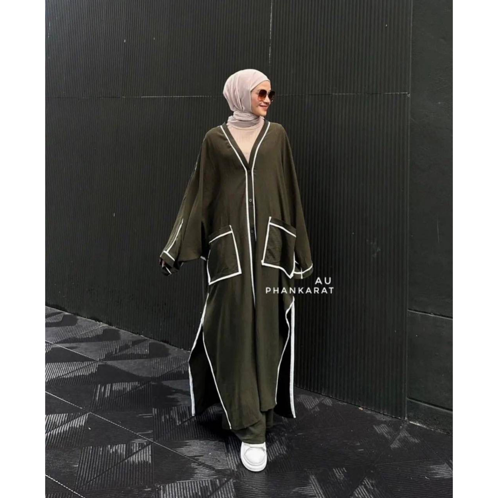 ONE SET PHANKARAT BANGKOK TUNIK BATWING MULTIFUNGSI LONG OUTER KALONG WHITE LINE PREMIUM SETELAN PAN