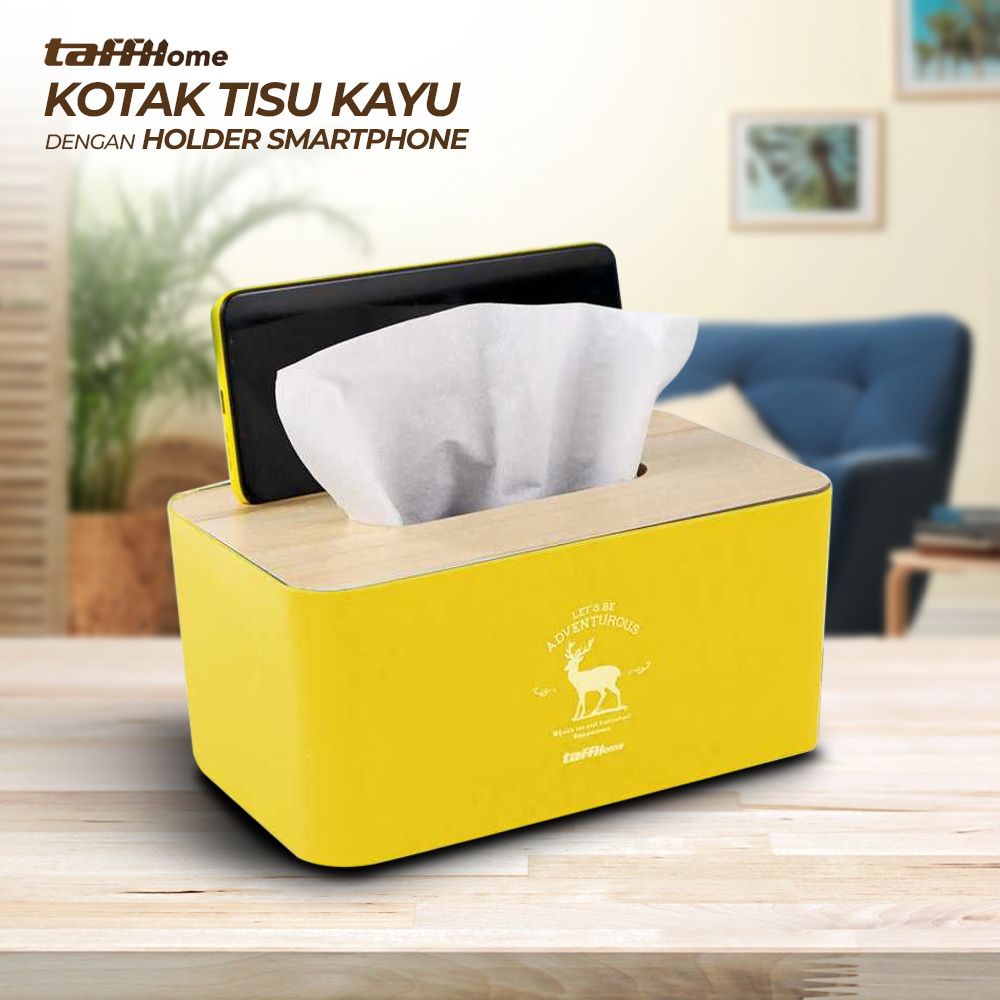 【GOGOMART】Kotak Tisu Kayu Tissue Box Dengan Holder Smartphone Tempat Hanphone