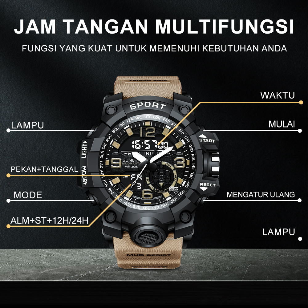 official jam tangan pria digital&analog olahraga klasik mode tali silikon multifungsi jam tangan