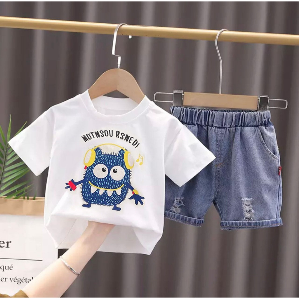 COD/SETELAN ANAK JEANS PENDEK LAKI LAKI DAN PEREMPUAN/BAJU ANAK HARIAN MOTIF MONSTER 1-5 TAHUN