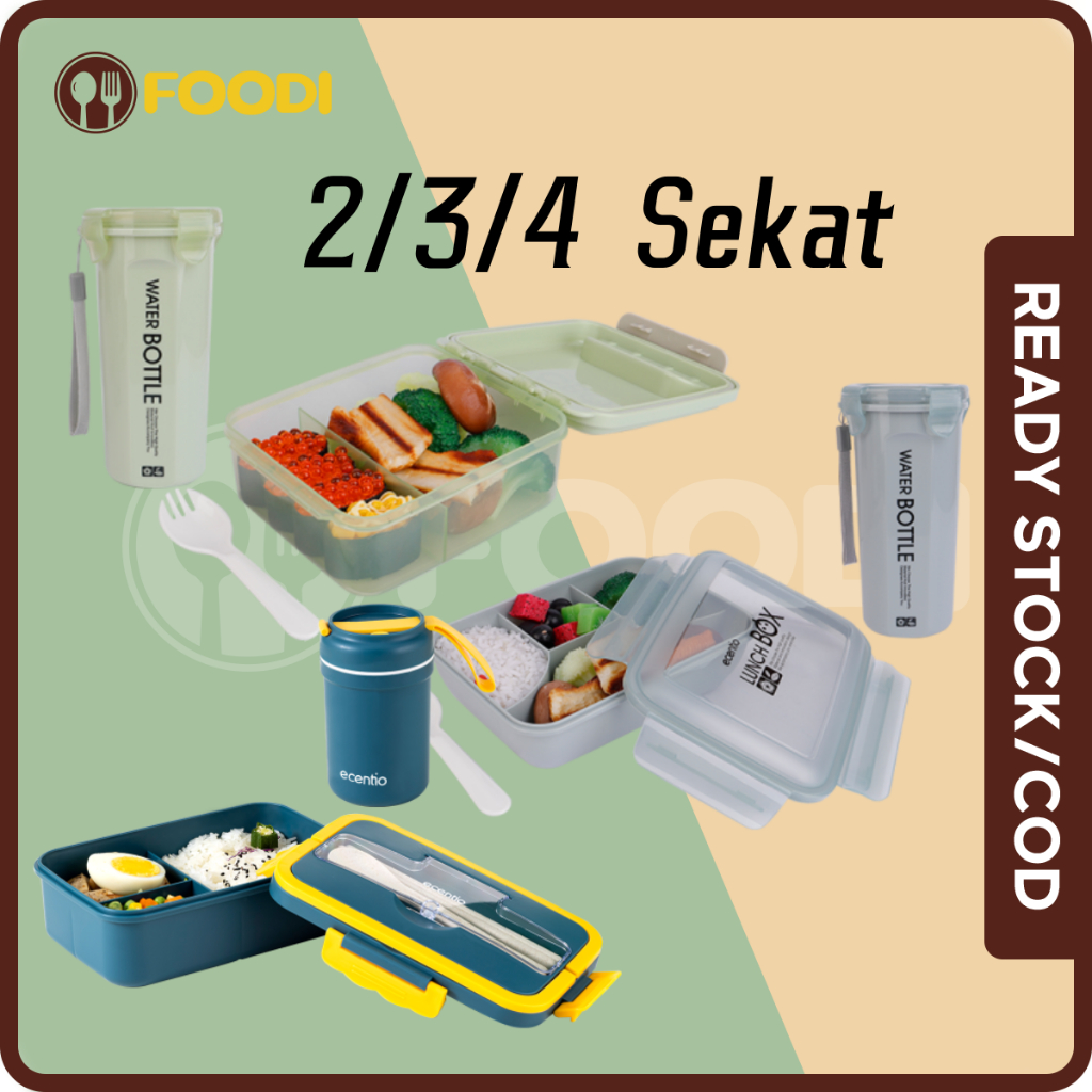ecentio &amp; FOODI 2/3/4 Sekat 1000ml/1100ml Kotak Makan Set anak Lunch box+anak cangkir 500ml/Lunch Box Set 2/3/4 Grid Kotak Bekal Makan Botol Minum Free Sendok/tempat makan anak/Tempat Makanan anak kecil BPA free/Home &amp; Living/Kitchenware/Food Storage