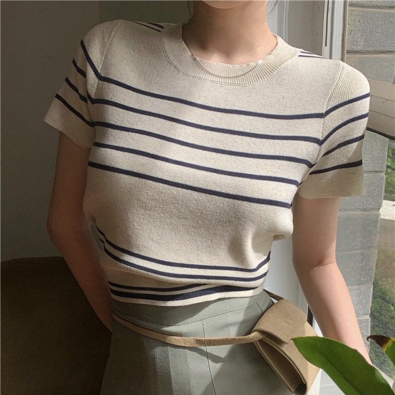 Korean Kaos Rajut Lengan Pendek Bergaris Untuk Wanita 2 Warna